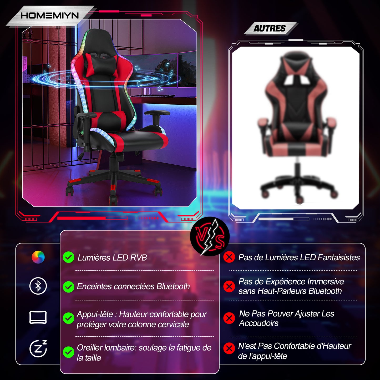 Chaise Gaming avec lumière LED et Bluetooth Fauteuil Gamer avec haut-parleurNoir et rouge
