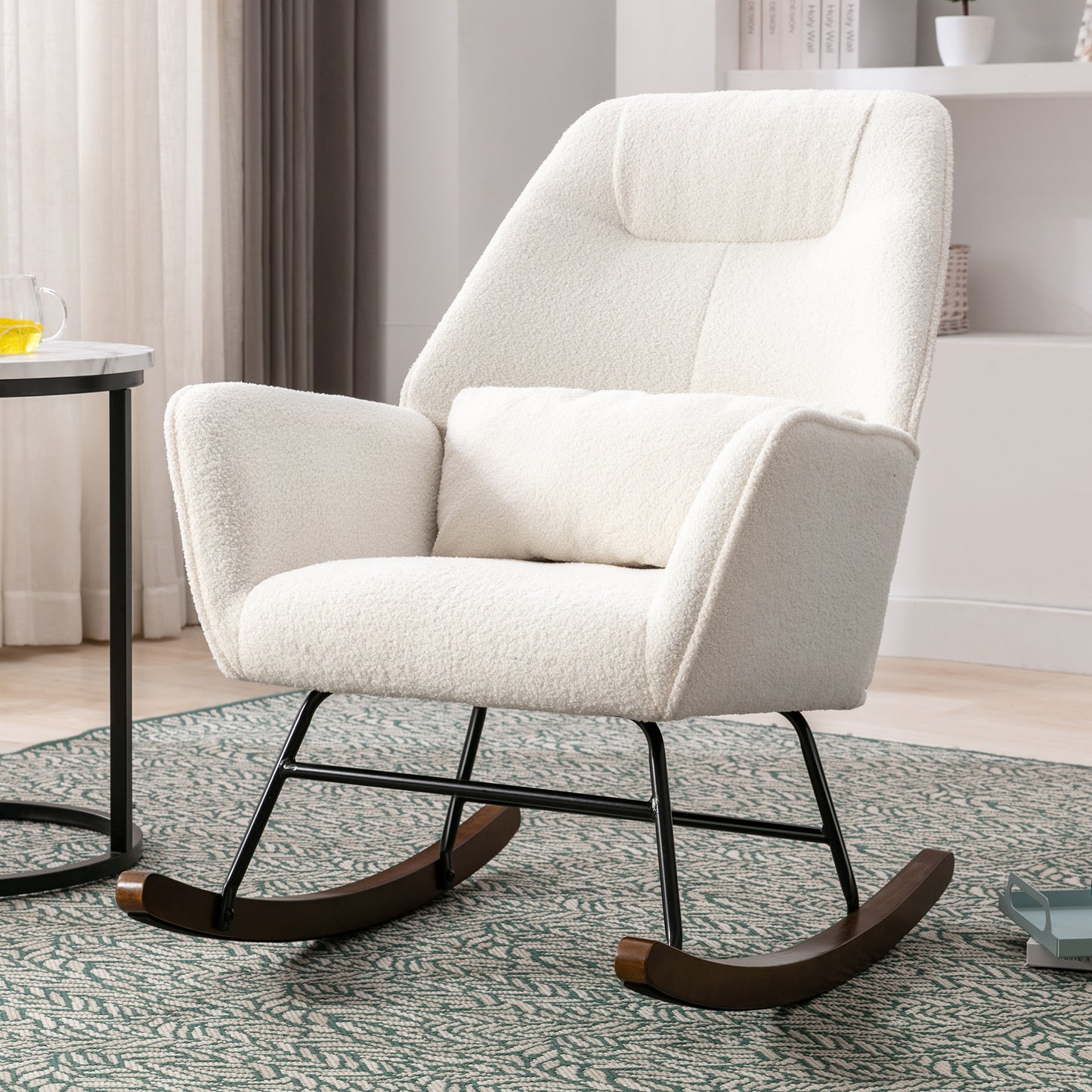 Fauteuil à Bascule en Laine d'agneau Fauteuil en Laine Moderne, Chaise à Bascule Confortable avec Pieds en Bois Massif Beige