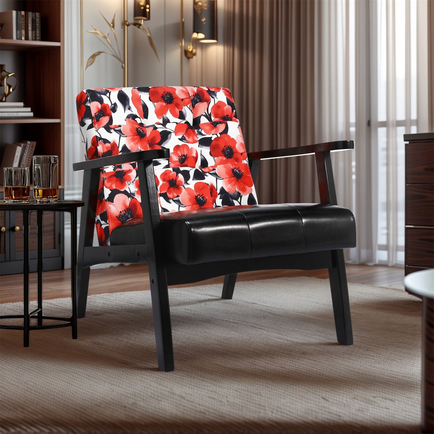 Zwarte Japanse bank met rode bloemen - Zwarte PU-armleuningen - Mid-Century Vintage-stijl