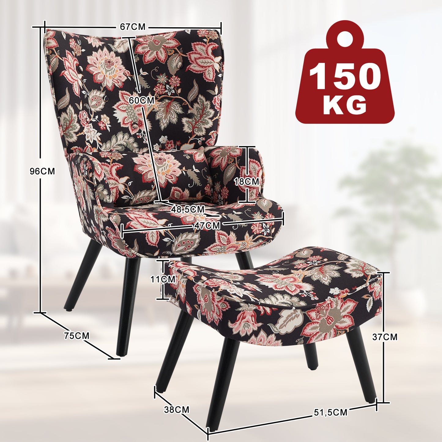 Poltrona HOMEMIYNcom Almofada e Banco ( 76x65x94 cm - Linho Falso Pretocom Flores Vermelho)