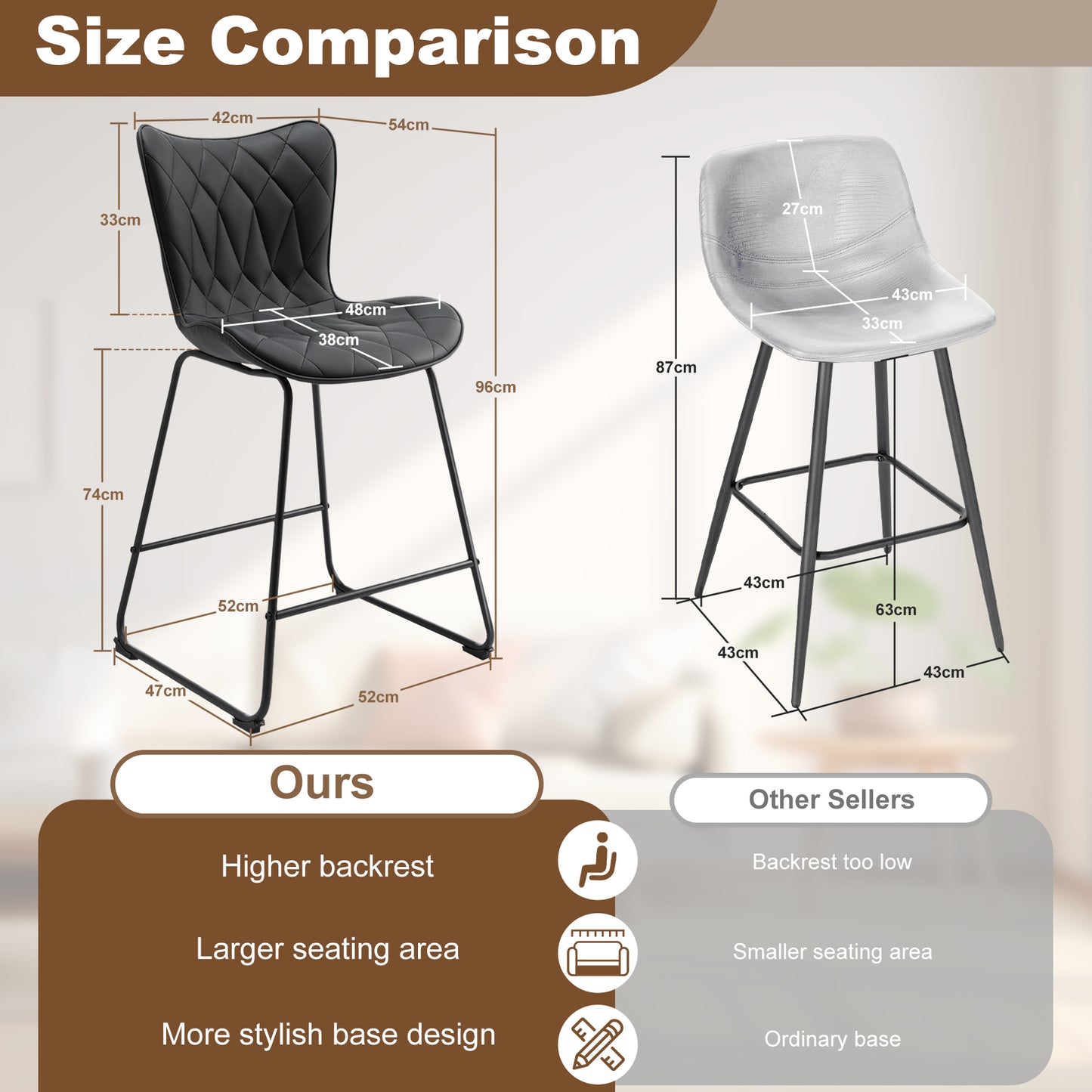 Set van 2 moderne barkrukken HomeMiYN – Zwart faux-leer met ruitpatroon