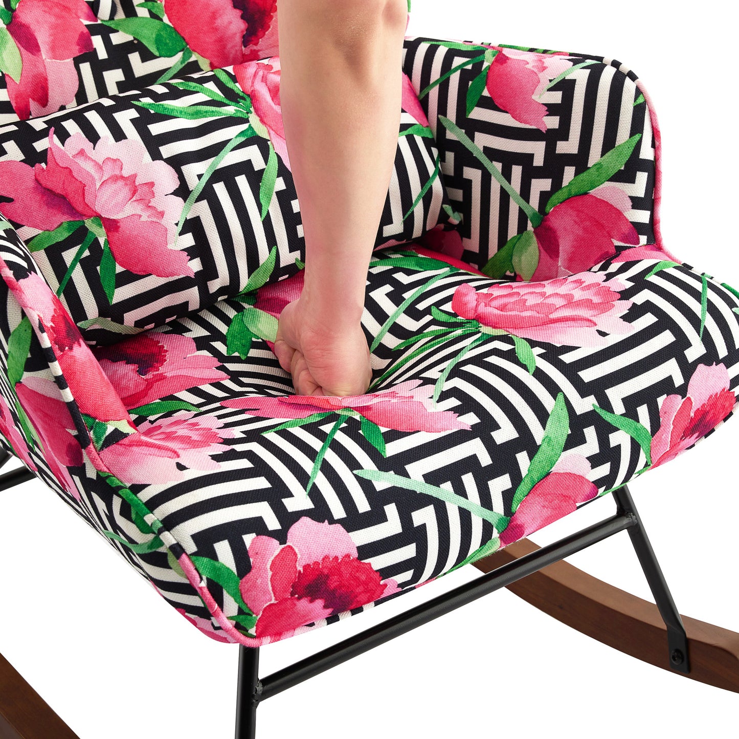 Cadeira de Balanço HomeMiYN(87x66x90cm - Tecido de Linho Falso - Estampa de Rosas)