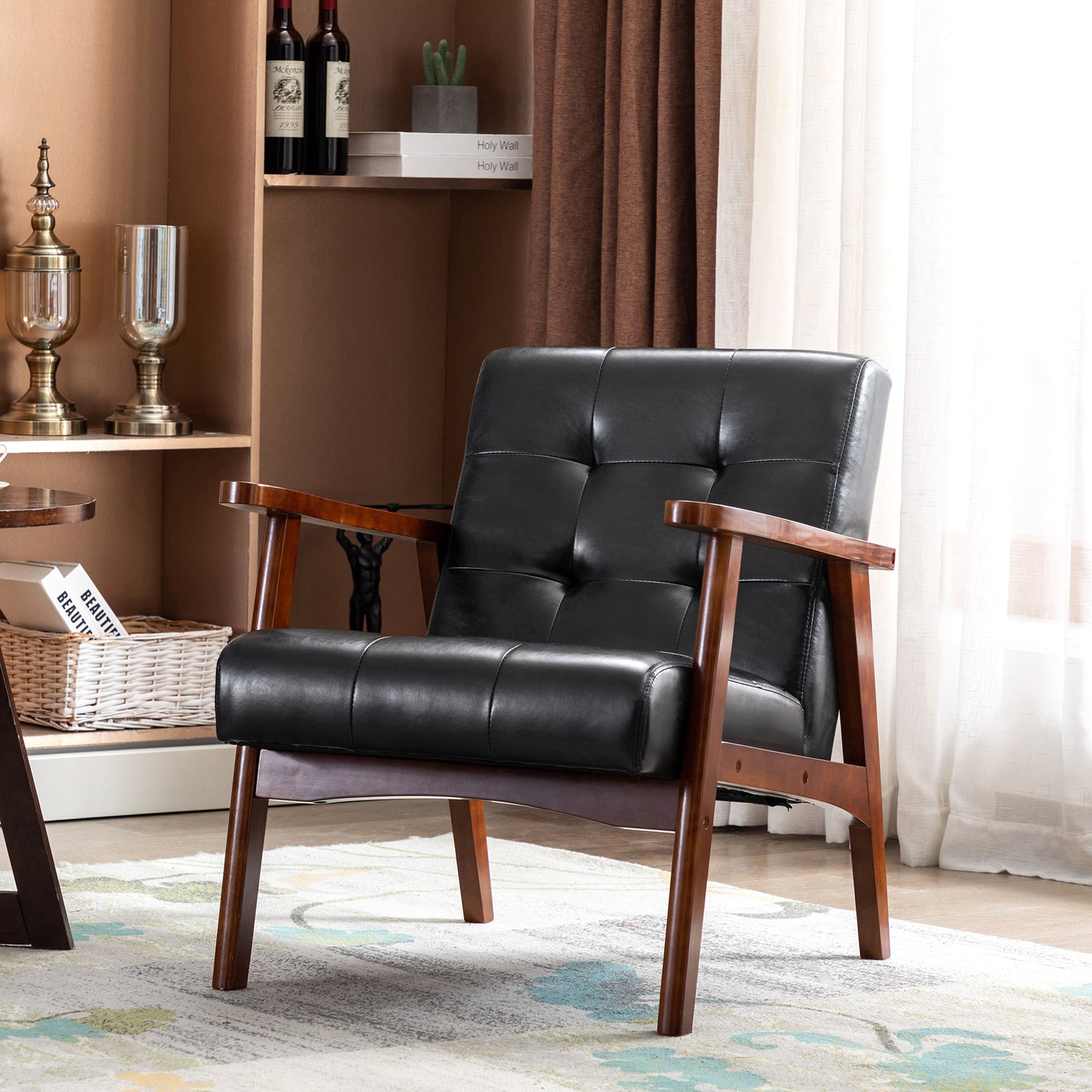 Medieval Vintage Armchair - Faux Leather with Wooden Armrests - Hardwood Frame - Black Gothic Style Chair