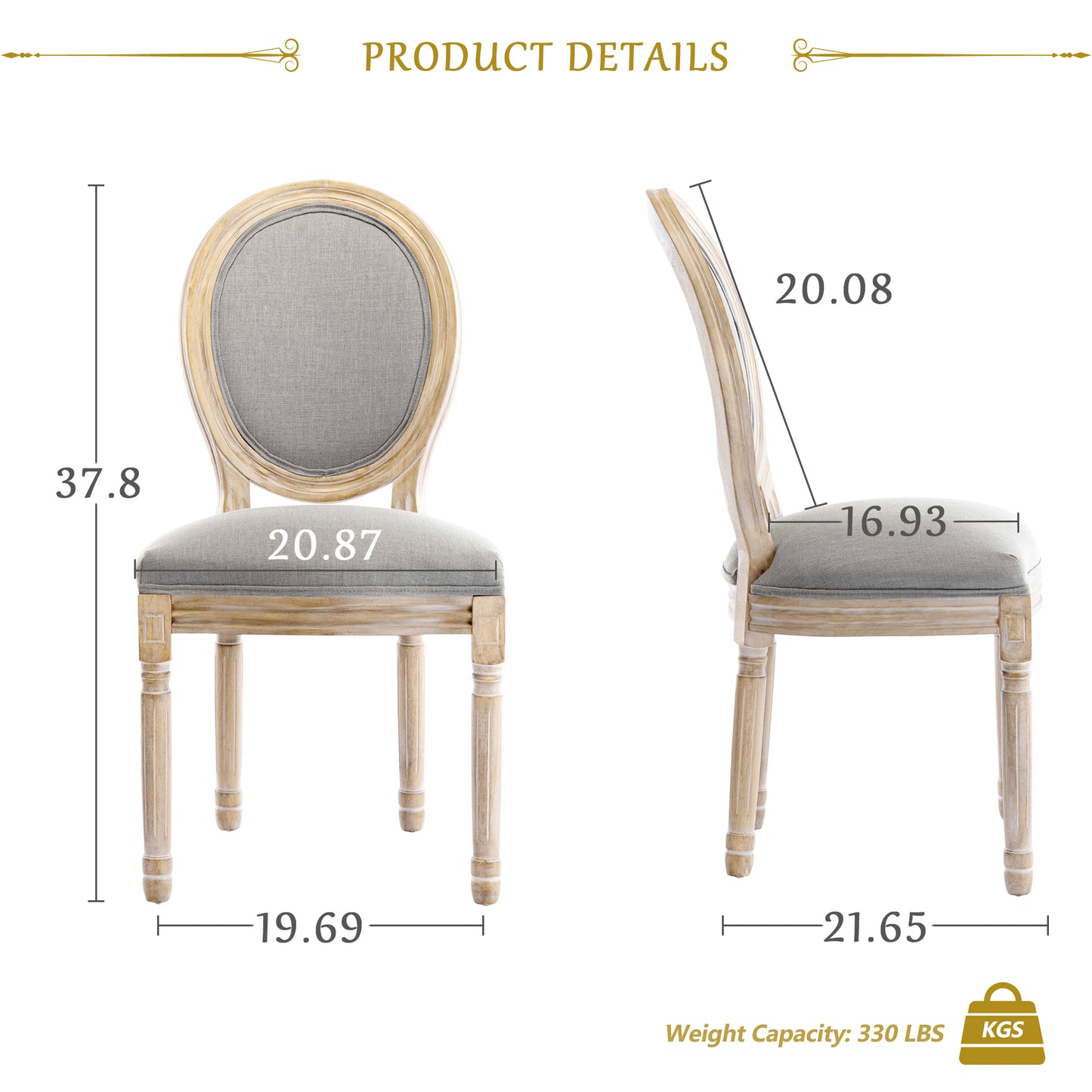 Conjunto de 2 Cadeiras de Jantar HomeMiYN Francesas Barrocas (50x60x94cm - Estofada/Madeira Maciça - Cinza)