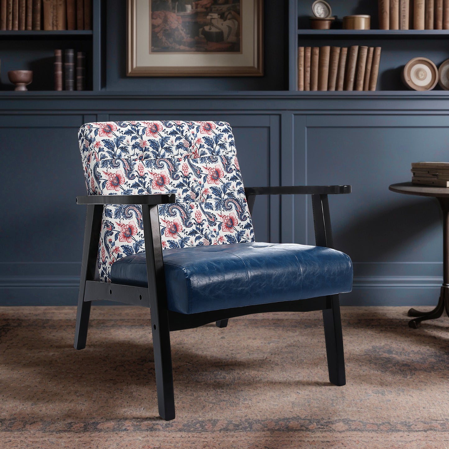 Canapé d'Appoint Japonais - Toile Fleurie Bleu/Rouge & Accoudoirs PU Noir - Design Vintage Mid-Century