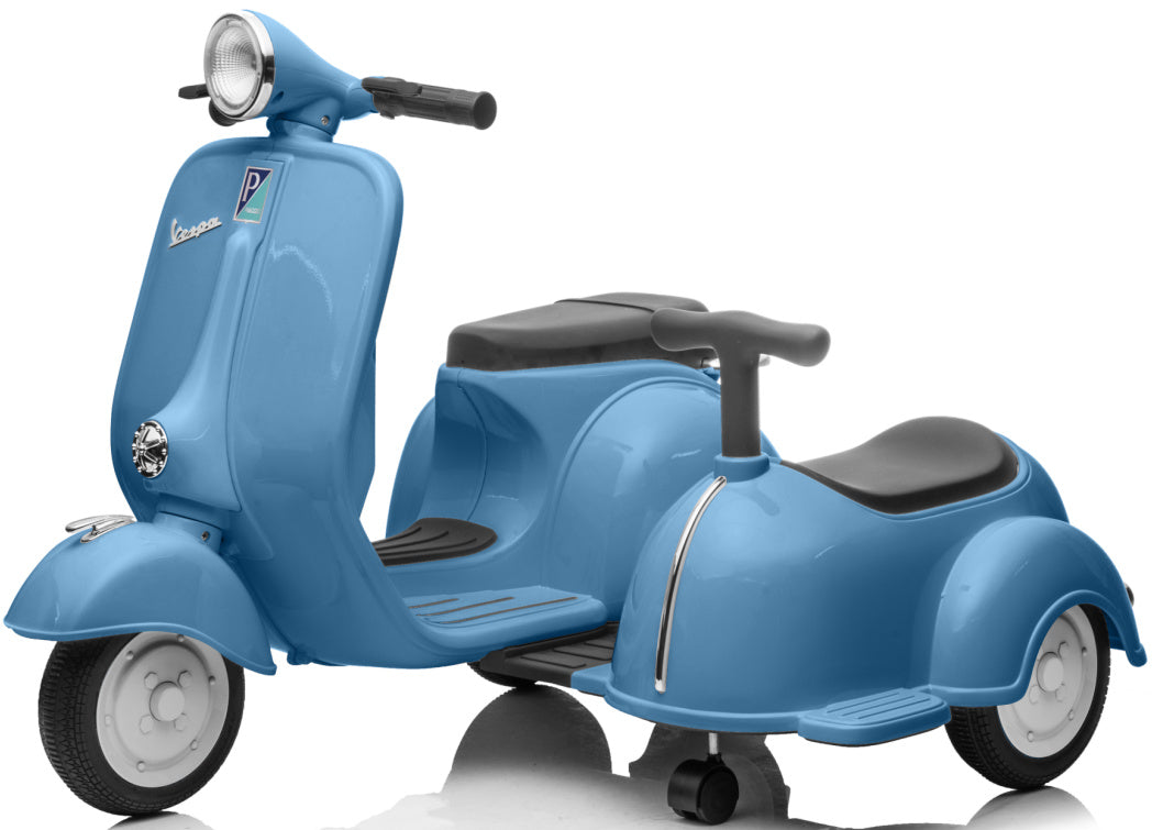 Bateau gonflable Driewieler Elektrisch Voertuig 2 Zitplaatsen Kindervoertuig 2-4 km/u 6V Vespa Kindermotorfiets Elektrische Motorfiets met Muziek Bluetooth Trapvoertuig Kinderen vanaf 3 Jaar Lichtblauw