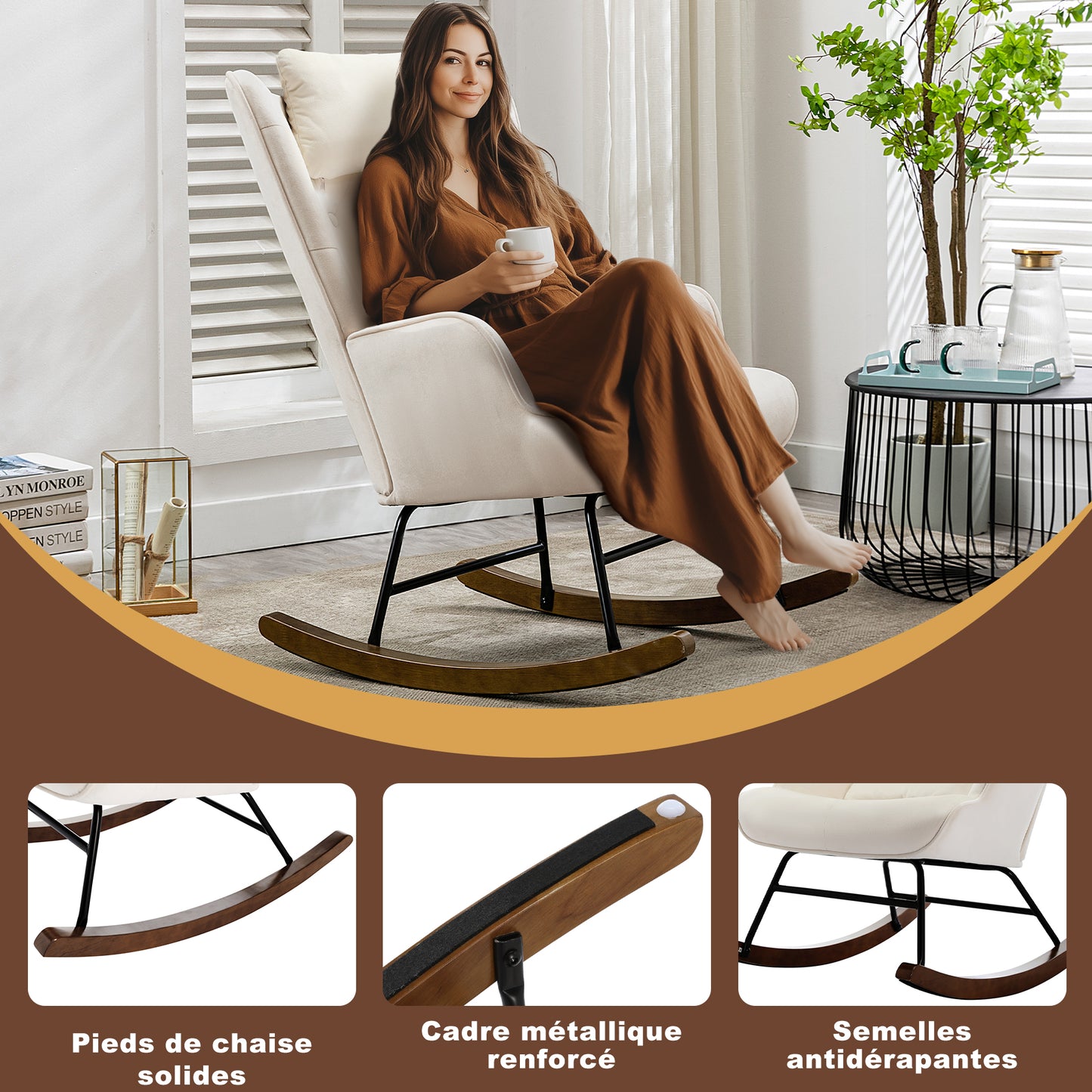 Chaise à bascule Appui-tête Salon Velours Fauteuil d'allaitement Fauteuil à bascule