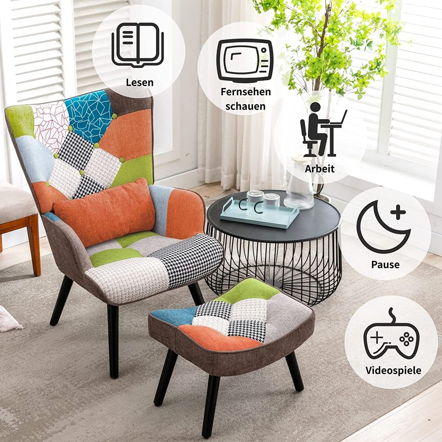 Fauteuil Salon Patchwork avec Repose Pieds en Tissu Lin Multicouleur, Fauteuil Scandinave en Bois Massif avec Support Lombaire, Lin