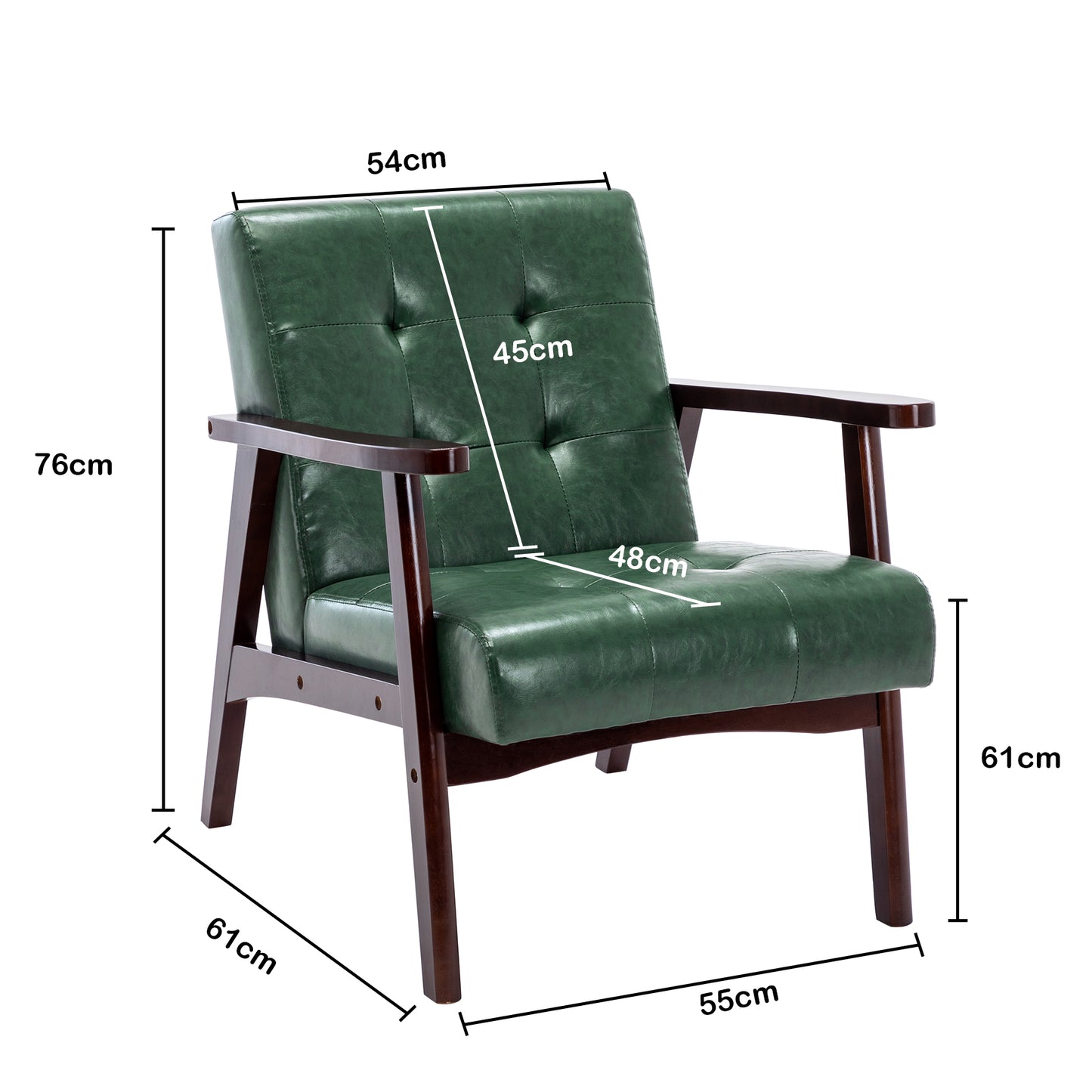 Scandinavian Green Leather Armchair - Mid-Century Modern Solid Wood Lounge Chair - 67cm(W) x 76cm(D) x 76cm(H) - Retro Living Room Furniture