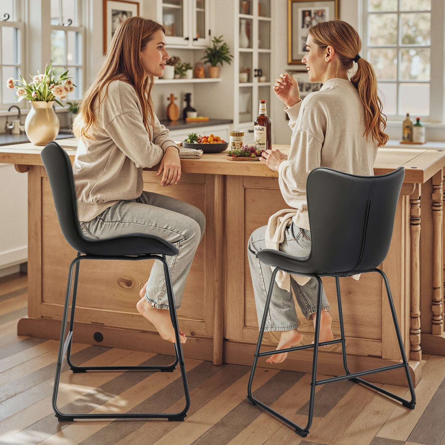 Set van 2 moderne barkrukken HomeMiYN – Zwart faux-leer met ruitpatroon