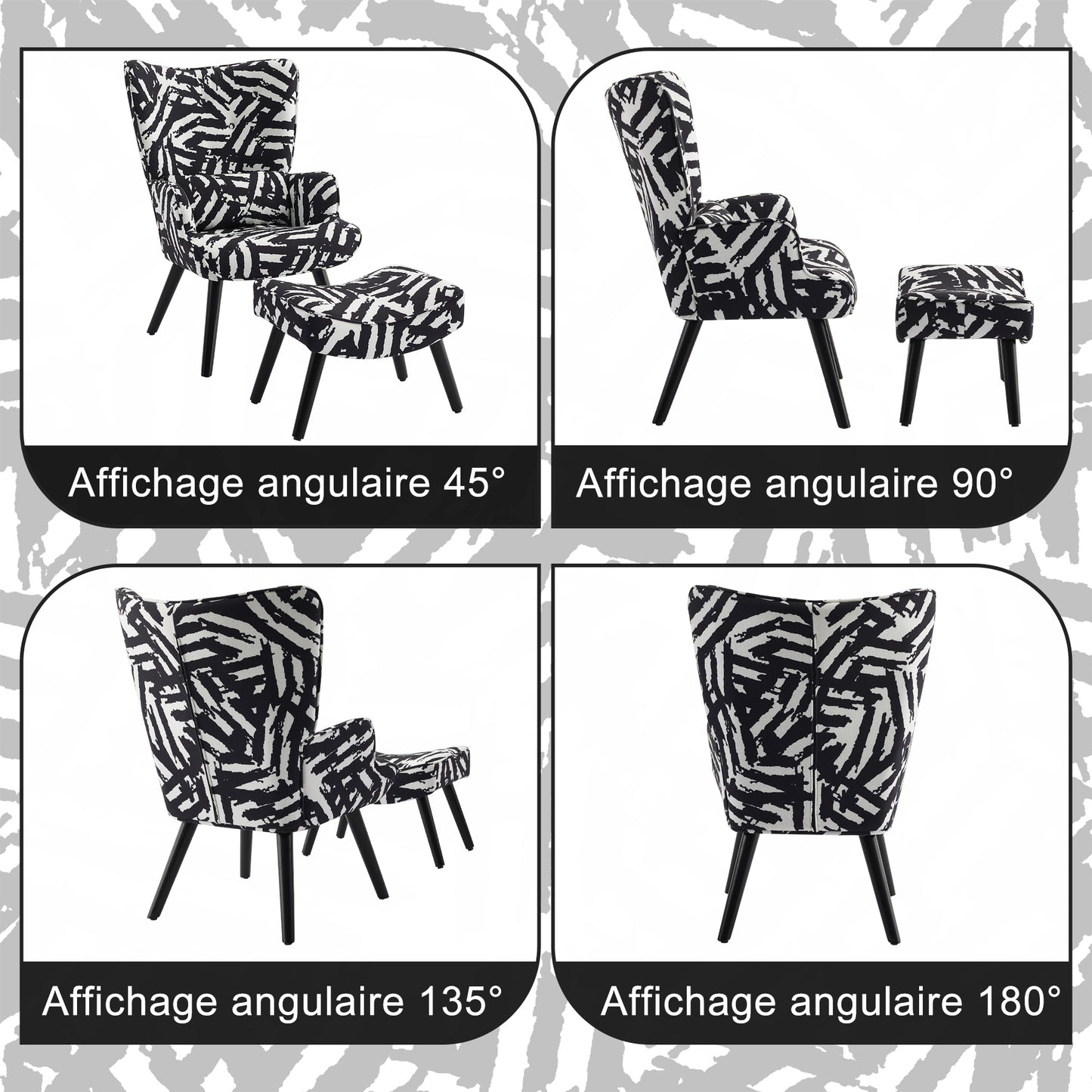 Fauteuil d'Angle HomeMiYN Noir - Ensemble avec Coussin & Tabouret - Style Industriel Chic - Bois Massif & Lin