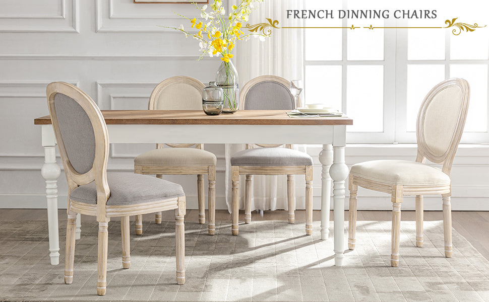 Set of 2 Louis XVI Style Dining Chairs - Linen Upholstered Medallion Back Soft Padding - Grey French Country Kitchen Chairs