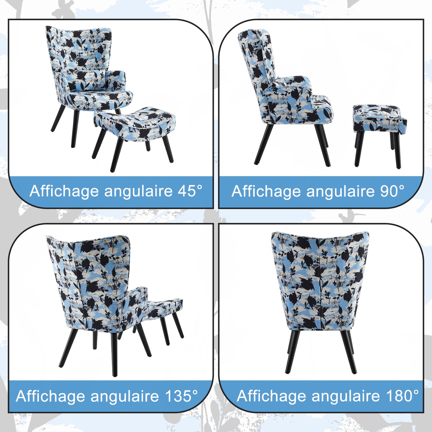 Fauteuil d'angle bleu MiYN avec coussins et tabouret - style campagnard moderne - bois massif et lin hypoallergénique - pour salon / chambre