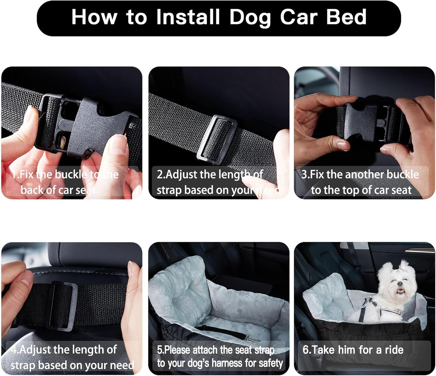 Siège auto pour chien sécurisé avec ceinture renforcée et poche de rangement, imperméable et lavable, adapté aux sièges avant et arrière, Noir