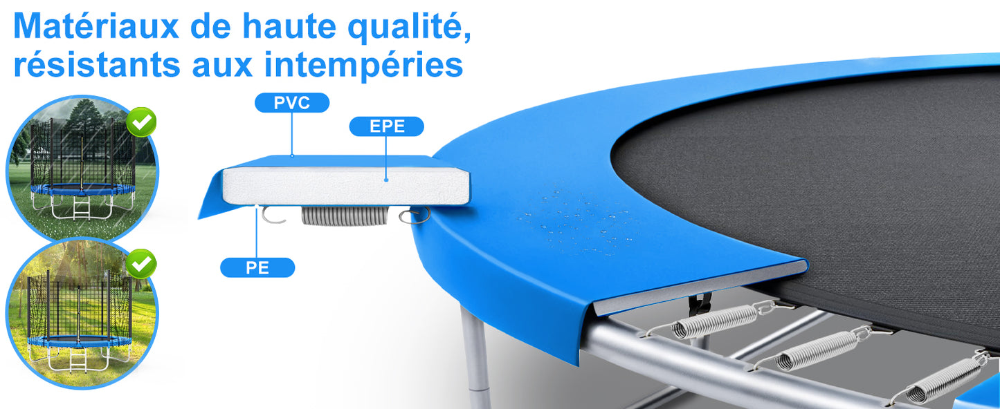 Trampoline de Jardin Enfants et Adultes Jeux d'Extérieur 244 cm Noir et Bleu Avec Filet de sécurité Couverture de protection