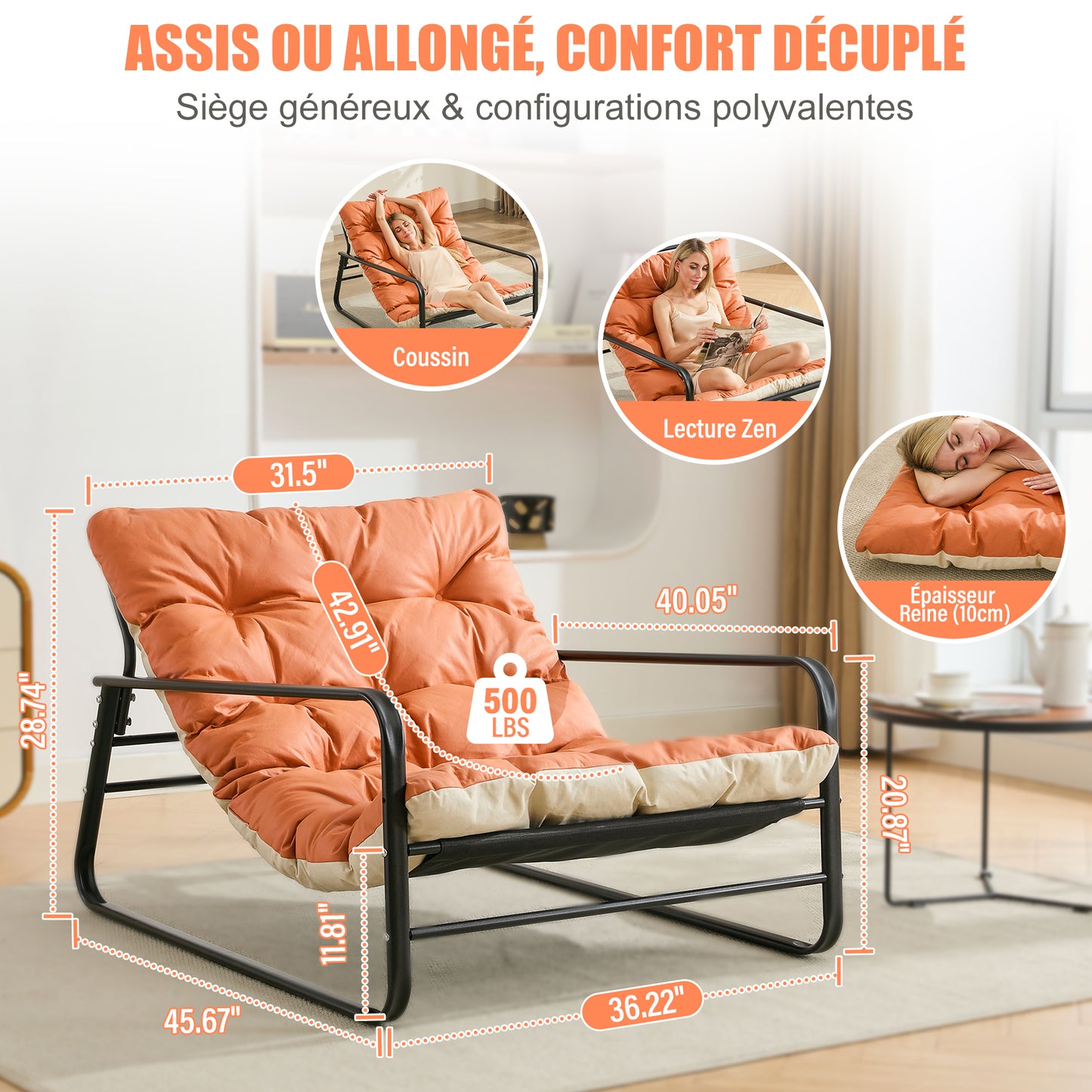 Set de jardin : canapé, fauteuils relax & transats avec coussins réversibles (orange+beige). Chaise longue acier, siège 2 places. Mobilier terrasse résistant