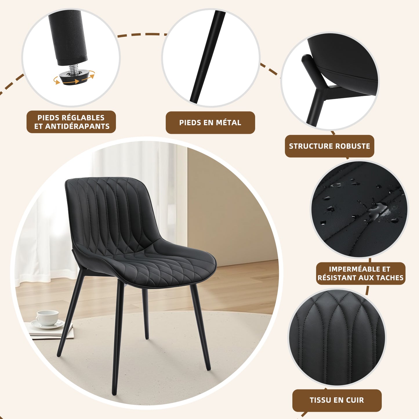 Ensemble de 2 Chaises de Salle à Manger en Cuir Vegan Noir - Confort Premium & Résistance 150 kg