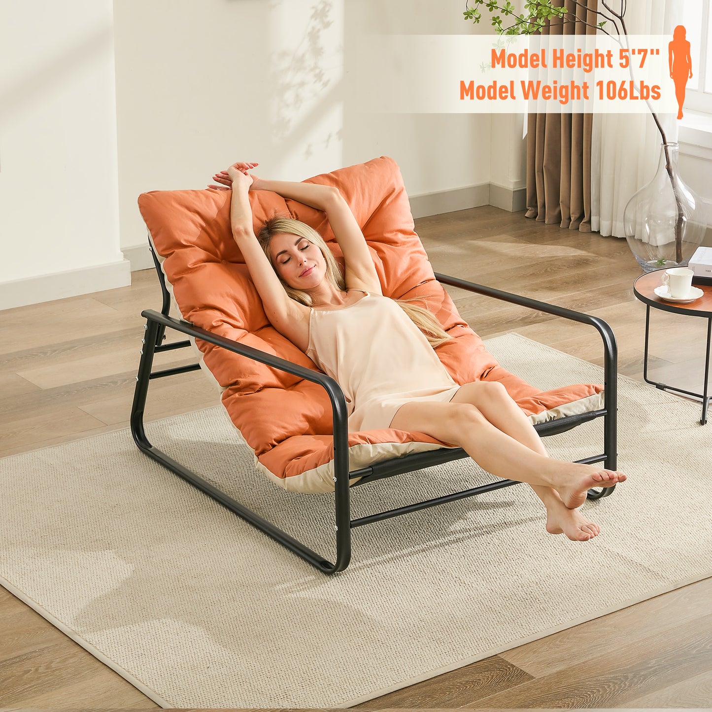 Reclining Patio Lounge Chair - 2-Person Steel Outdoor Loveseat with Reversible Cushion (Orange/Beige) - Garden, Balcony, Terrace Furniture