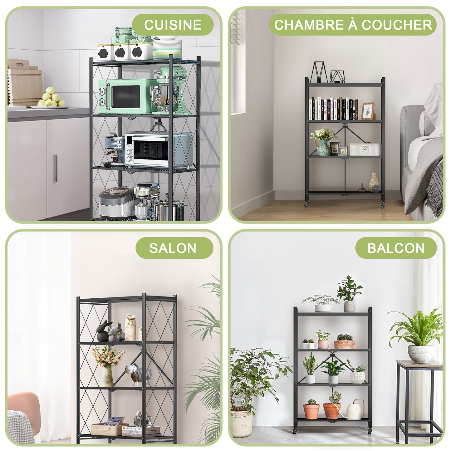Étagère Pliable 4 Niveaux HomeMiYN - Rangement Mobile avec Roulettes 360° - 71x34x121 cm - Noir