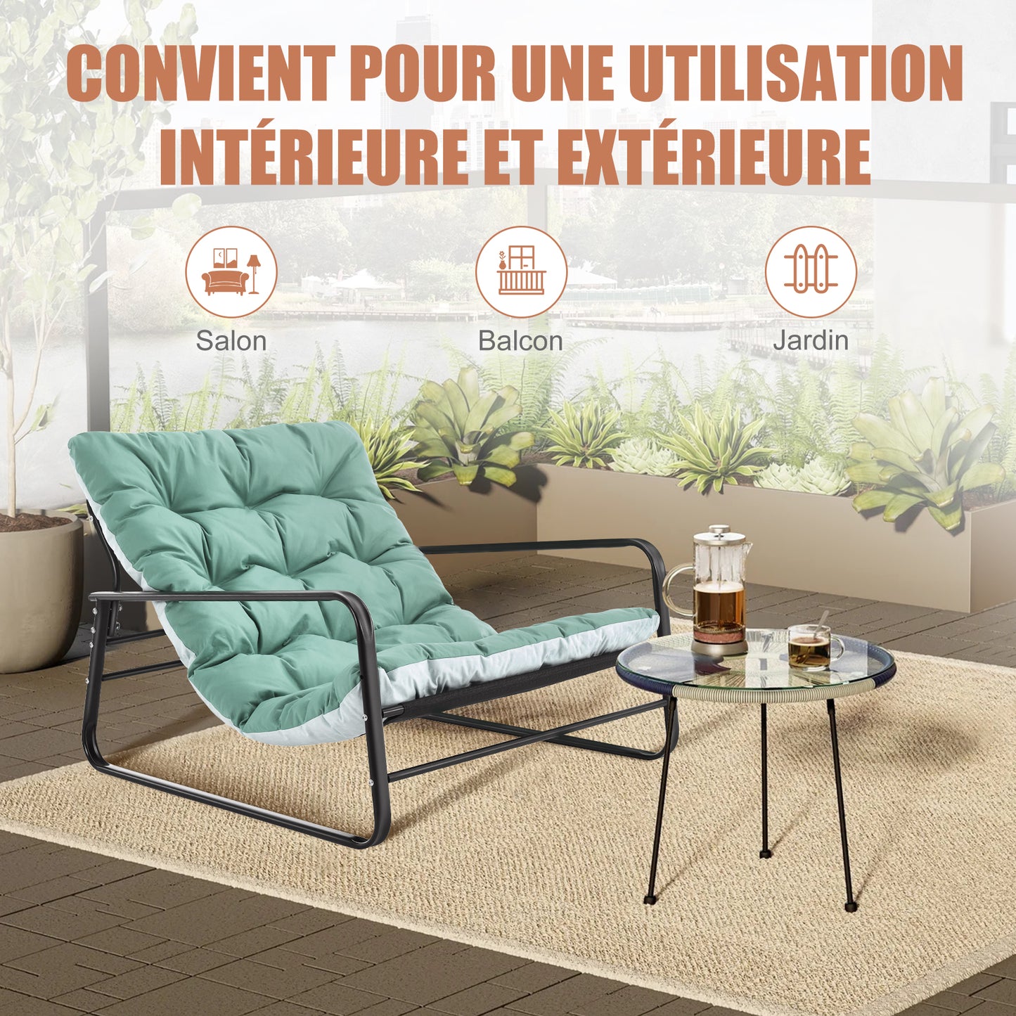 Fauteuil inclinable moderne à 2 places avec structure en acier et coussin réversible(Bleu+Gris)