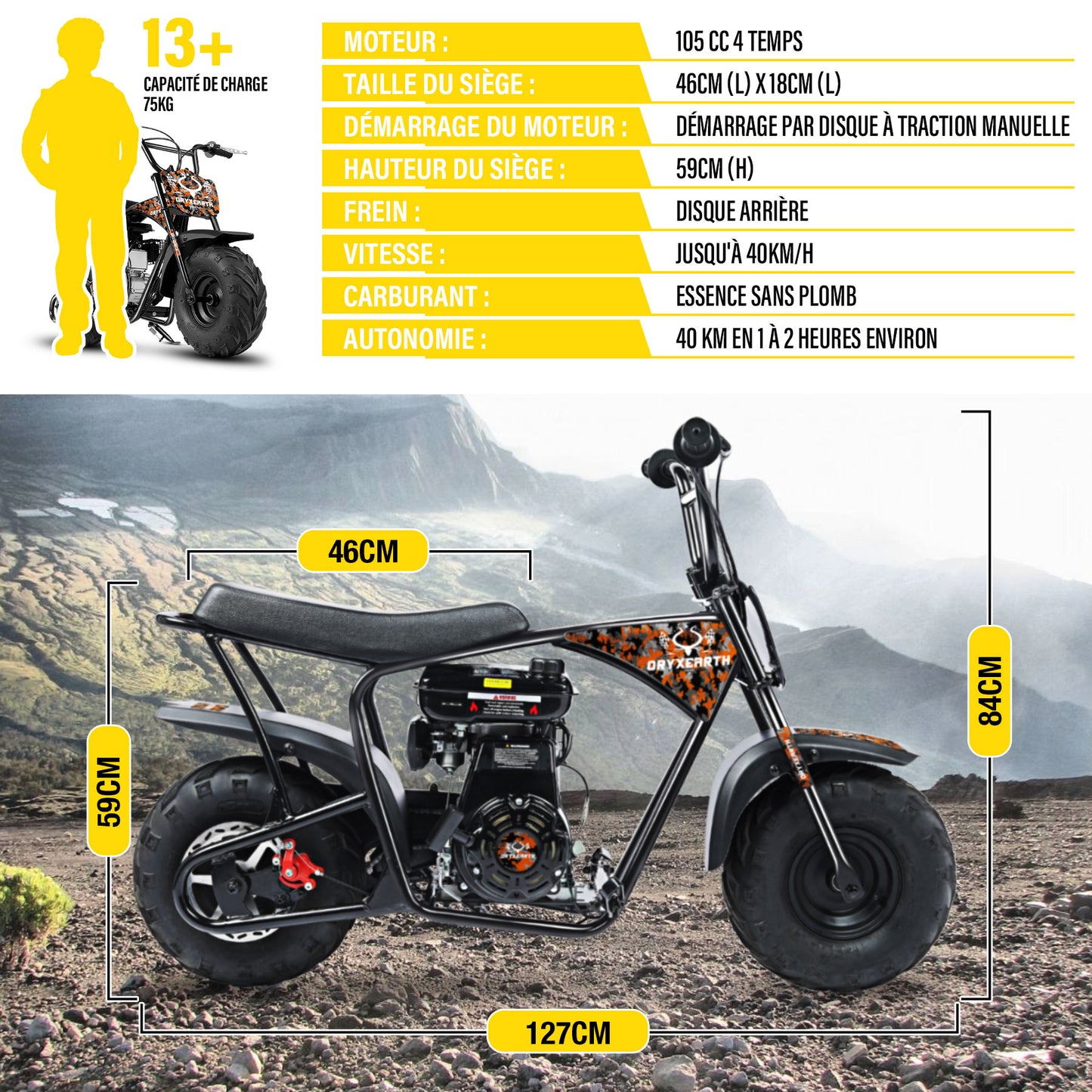 Bicicleta de terra para criança 105CC, 4 tempos, movida a gasolina, mini bicicleta todo-o-terreno para maiores de 13 anos (Laranja)