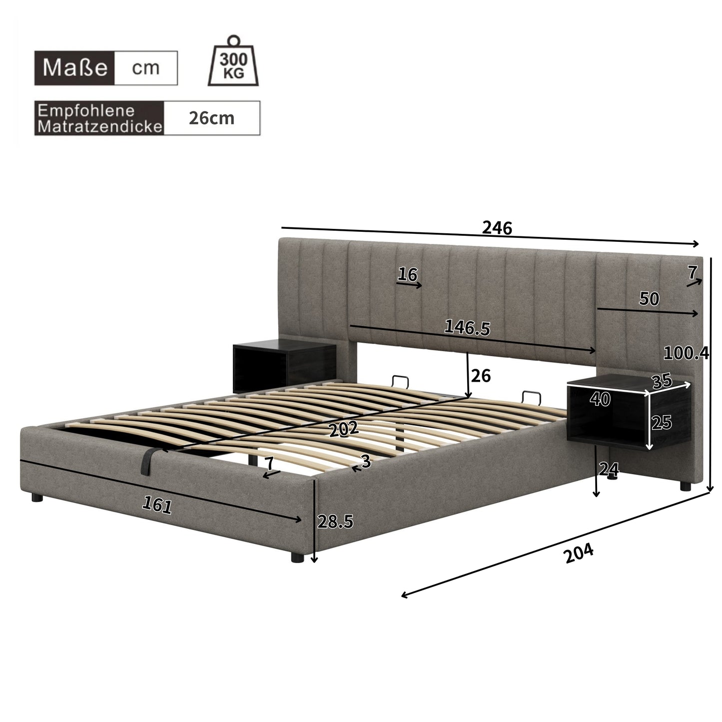 Lit Coffre 160x200 cm HOMEMiYN - Lit Élégant avec Rangement Pratique et Confort Optimal