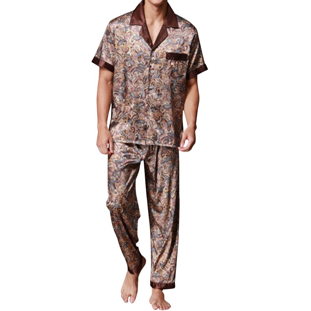 YFFUSHI Mens Soft Smooth Floral 2 Piece Pyjama Set Short Sleeve Top and Long Bottoms