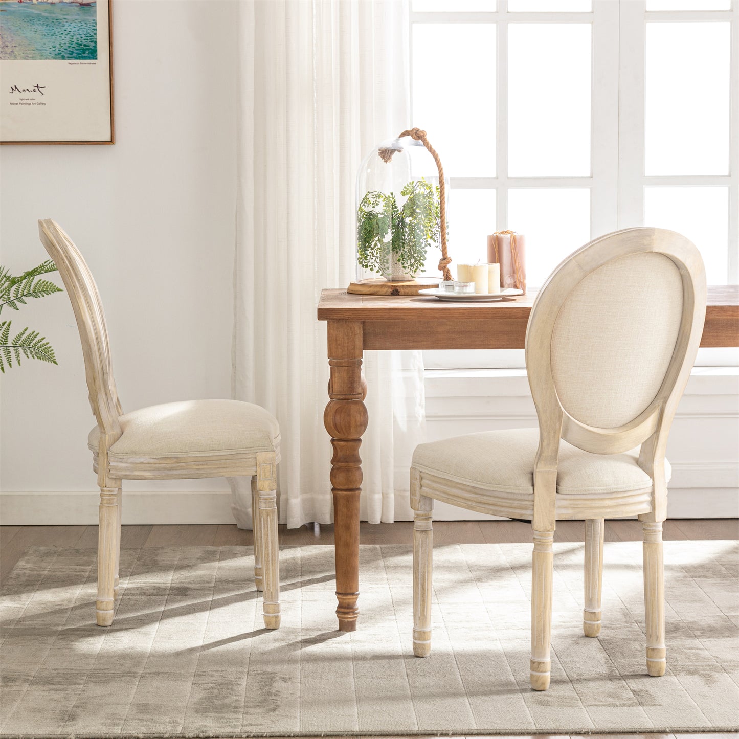 Vintage Style Dining Chairs, Set of 2 – Padded Fabric Upholstery with Round Back & Rubberwood Legs – Beige