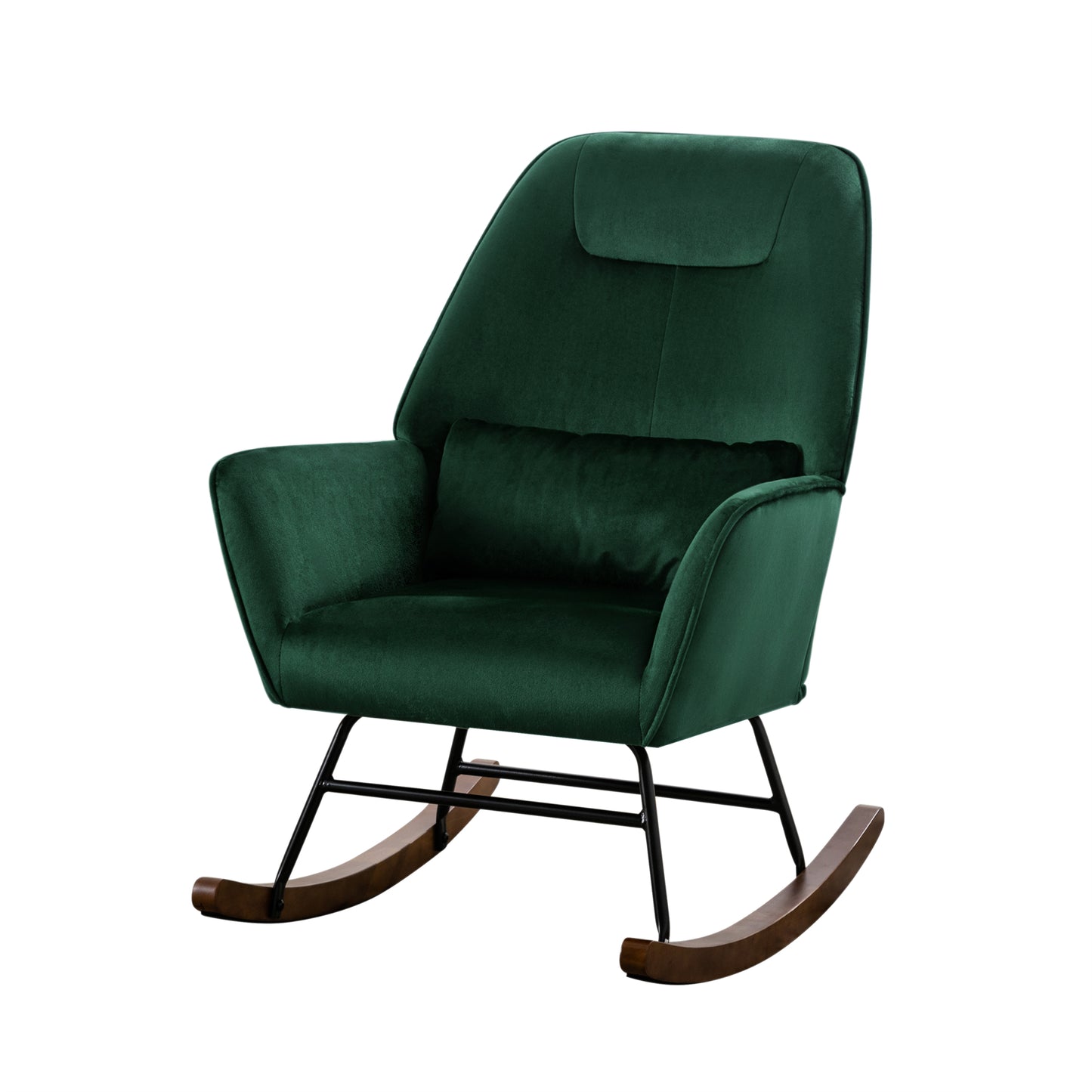 Fauteuil à Bascule en Velours Vert Foncé - Confort Lombaire Ergonomique - Pour Allaitement et Salon (Bois Massif & Métal)