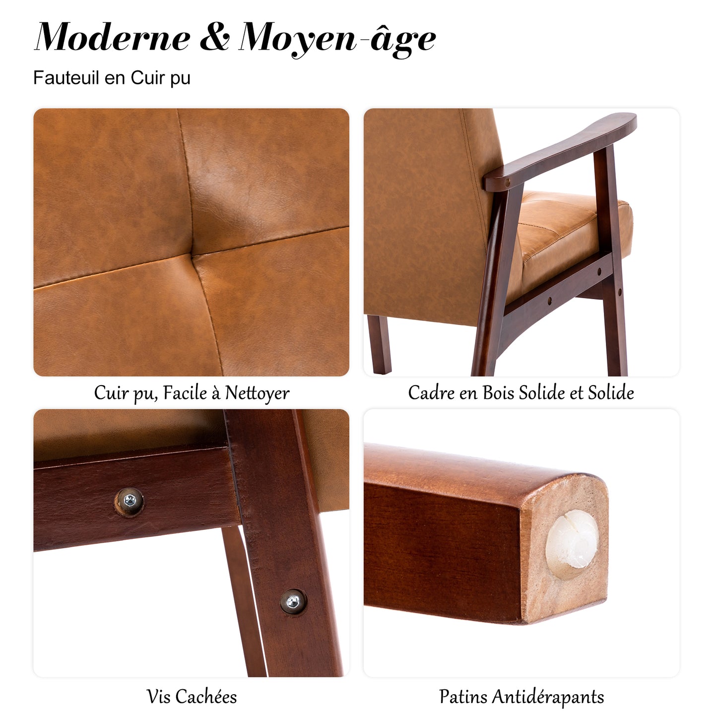 Fauteuil en bois au design scandinave et cuir Caramel-L 67 x L 76 x H 76 cm