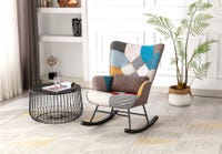 Fauteuil à Bascule Patchwork Rocking Chair Berçante Allaitement Bébé avec Oreiller Style Scandinave Tissu en Lin Bois d'Hévéa