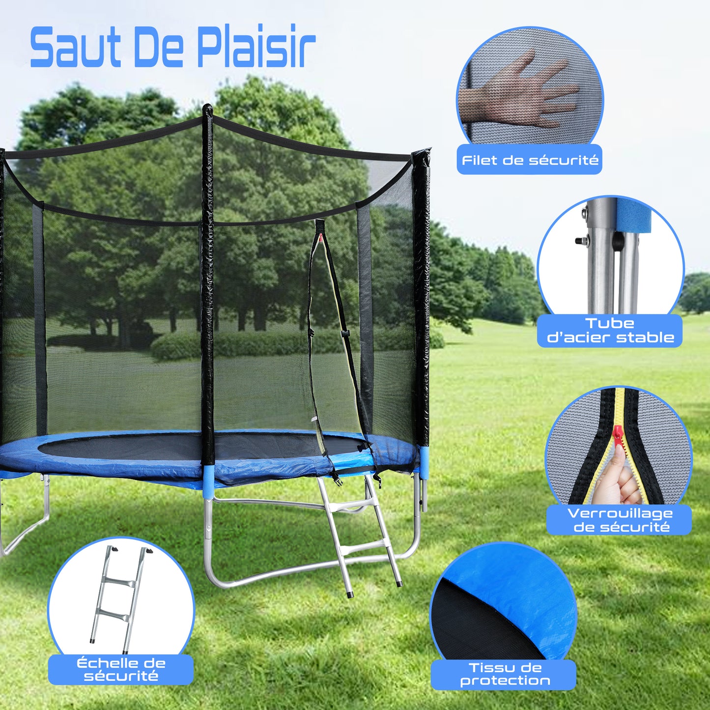 Gartentrampolin für Kinder und Erwachsene Outdoor-Spielzeug 183 cm Schwarz und Blau mit Sicherheitsnetz Schutzhülle