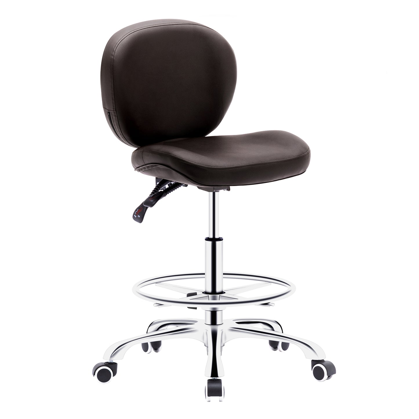 Tabouret roulettes avec Dossier et Anneau en Métal Rotation à 360° Hauteur Réglable 59,5-72,5cm Brun