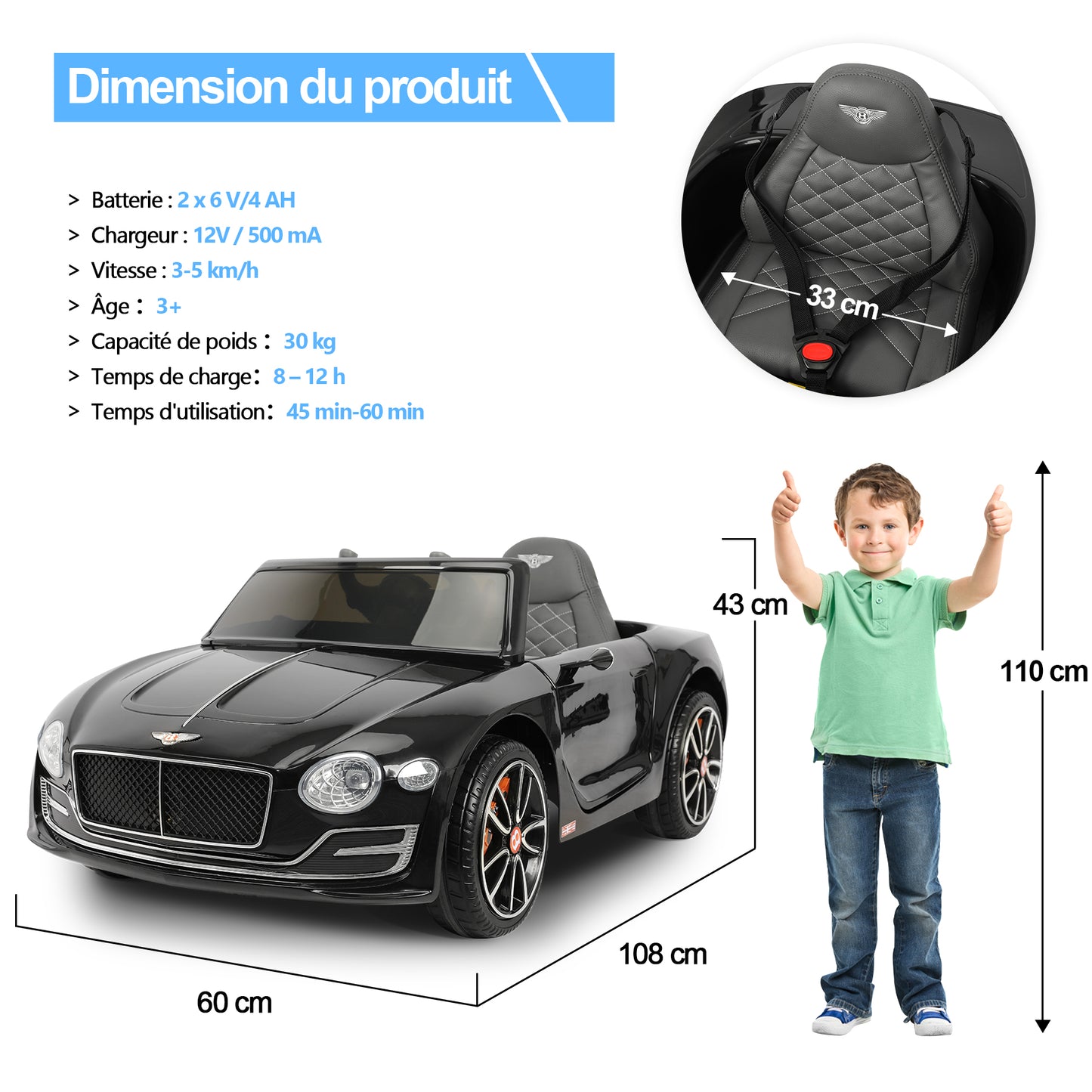 Voiture Electrique Bentley EXP12 pour Enfant 3ans+,2.4G Télécommande 2x15W 12V Vitesse 3-5km/h 30KG Portante,Noir