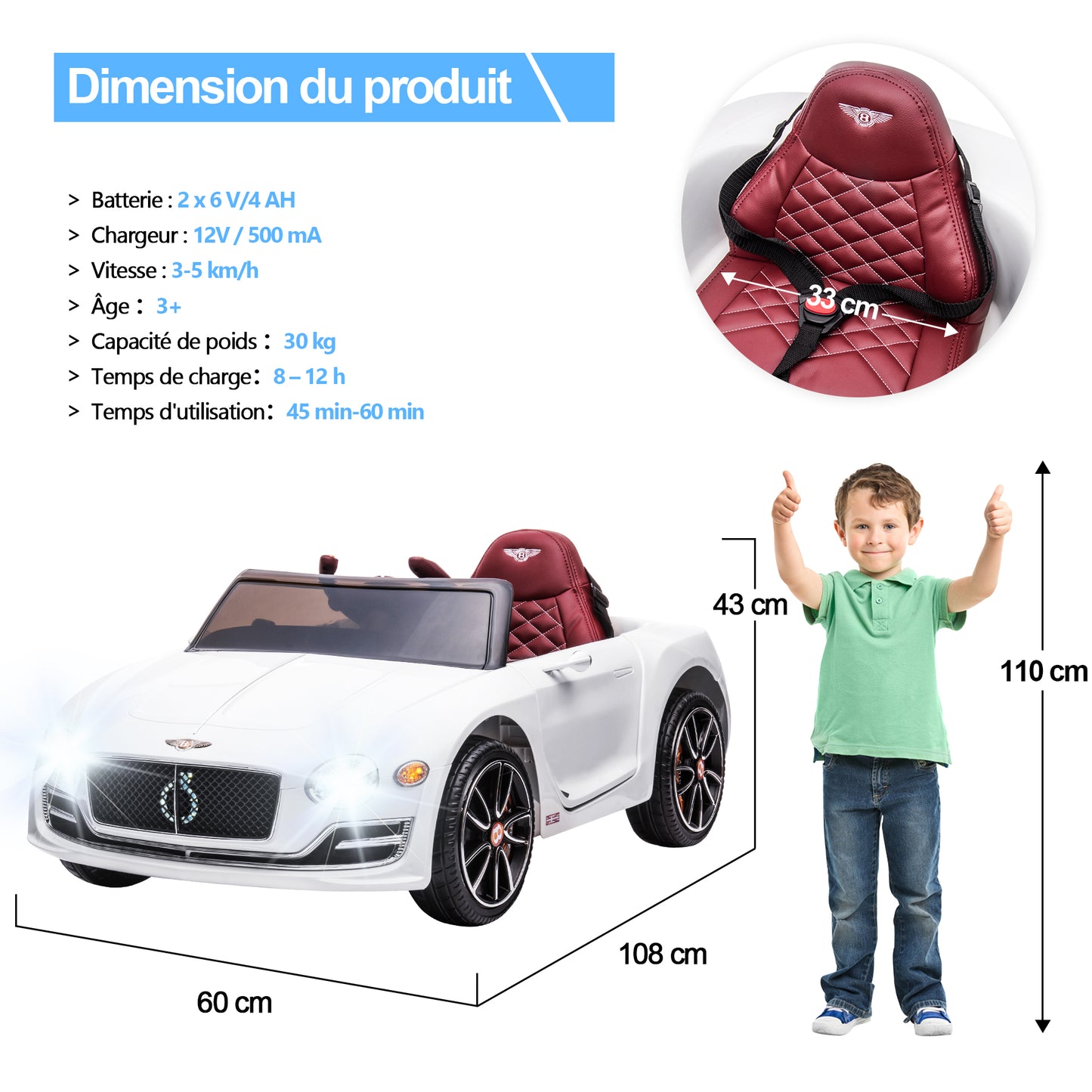 Voiture Electrique Bentley EXP12 pour Enfant 3ans+,2.4G Télécommande 2x15W 12V Vitesse 3-5km/h 30KG Portante,Blanc