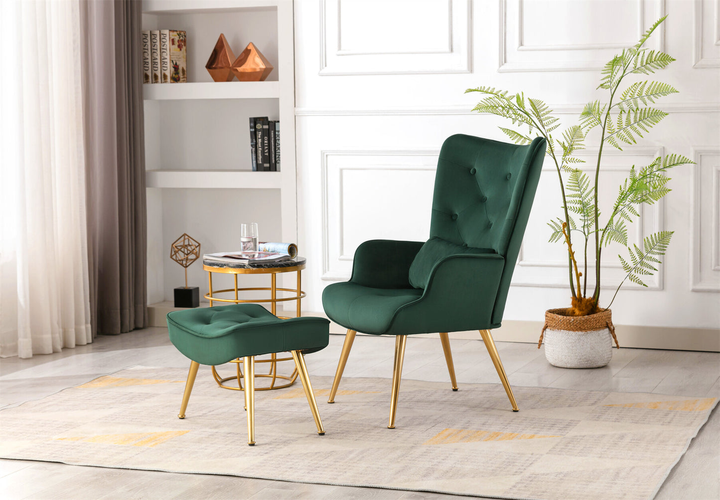 Cadeira de braços com banqueta Almofada de cintura Cadeira de relaxamento Pés de metal Poltrona retrô Sala de estar Cadeira de veludo TV Verde