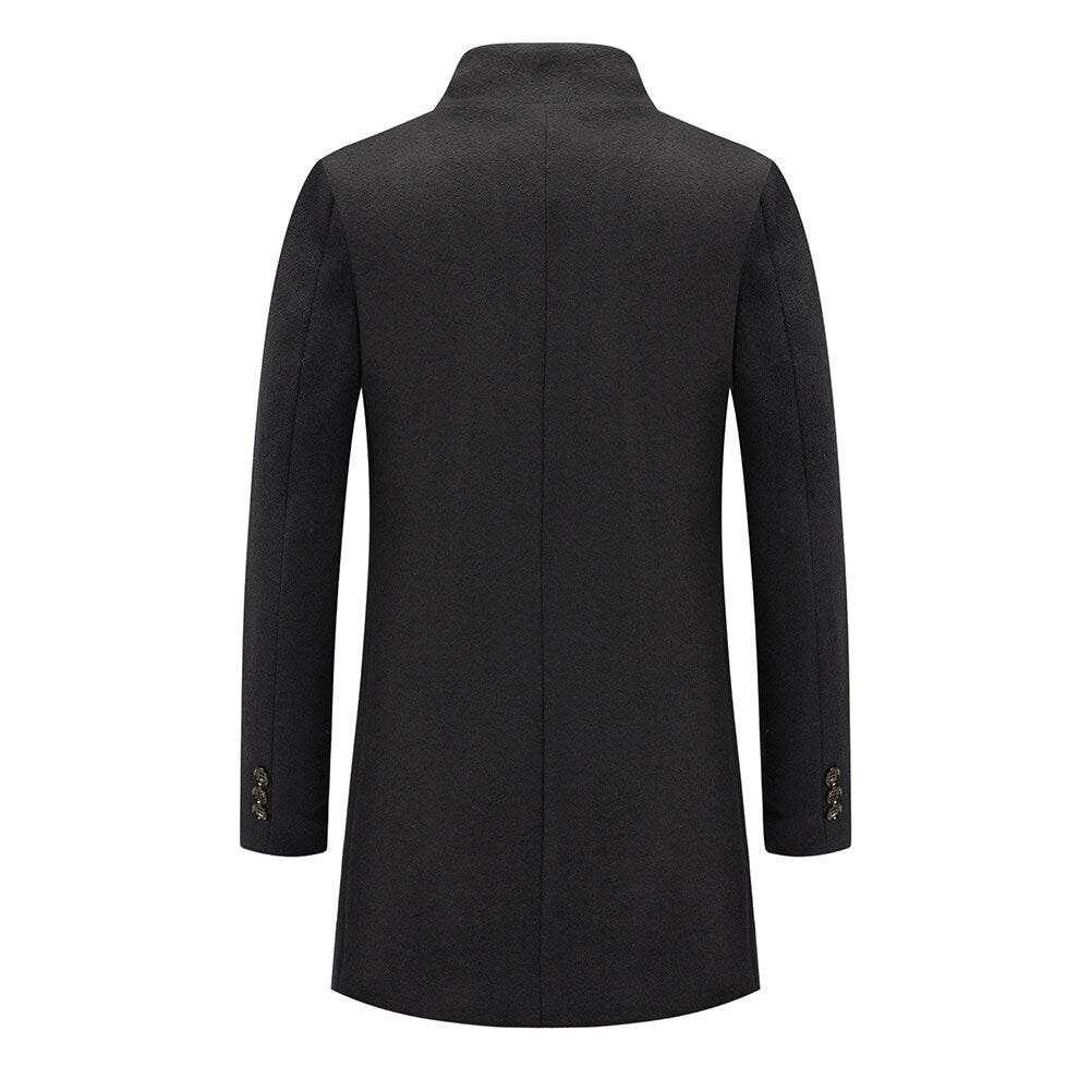 Youthup Mens Winter Wool Coat One Button Solid Stand Collar Overcoat