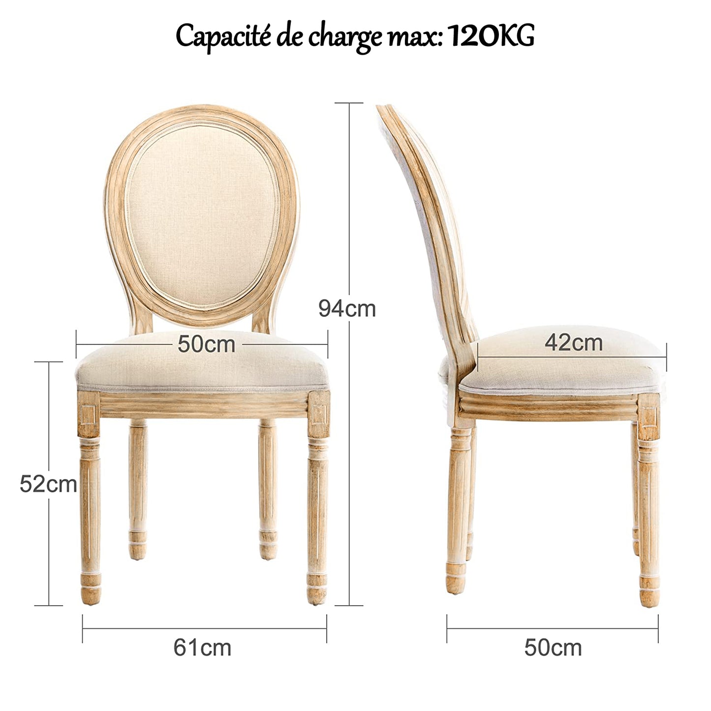 Chaise Médaillon Lot de 2, Chaise de Salle à Manger de Style Louis-XVI en Tissu Lin, Chaises de Dîner Dossier Doux , Beige