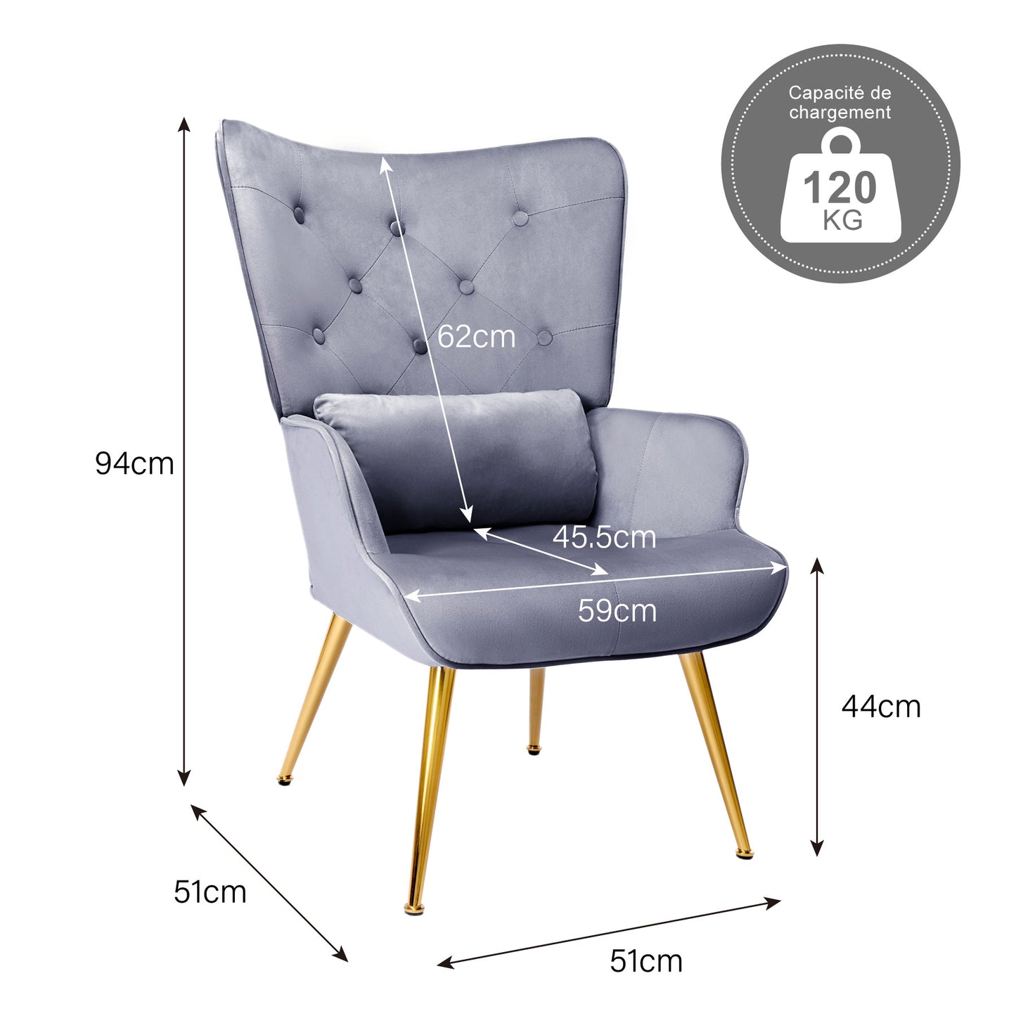 Fauteuil de Salon Scandinave avec Oreiller Lombaire Fauteuil Style Moderne en Tissu Velours pour Salon, Chambre Gris Clair