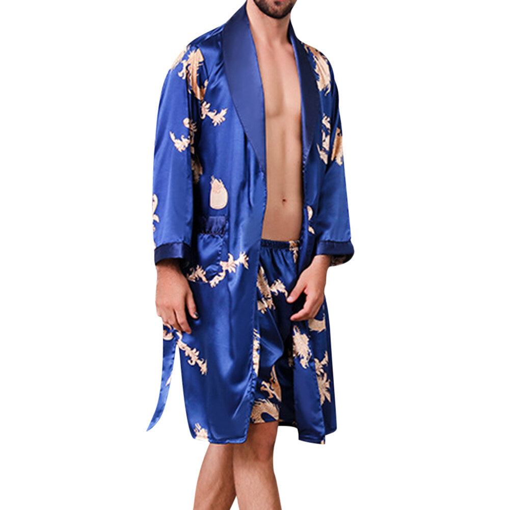 YOUTHUP Mens Dressing Gown 2 Piece Smooth Dragon Prints Belt Robe and Shorts