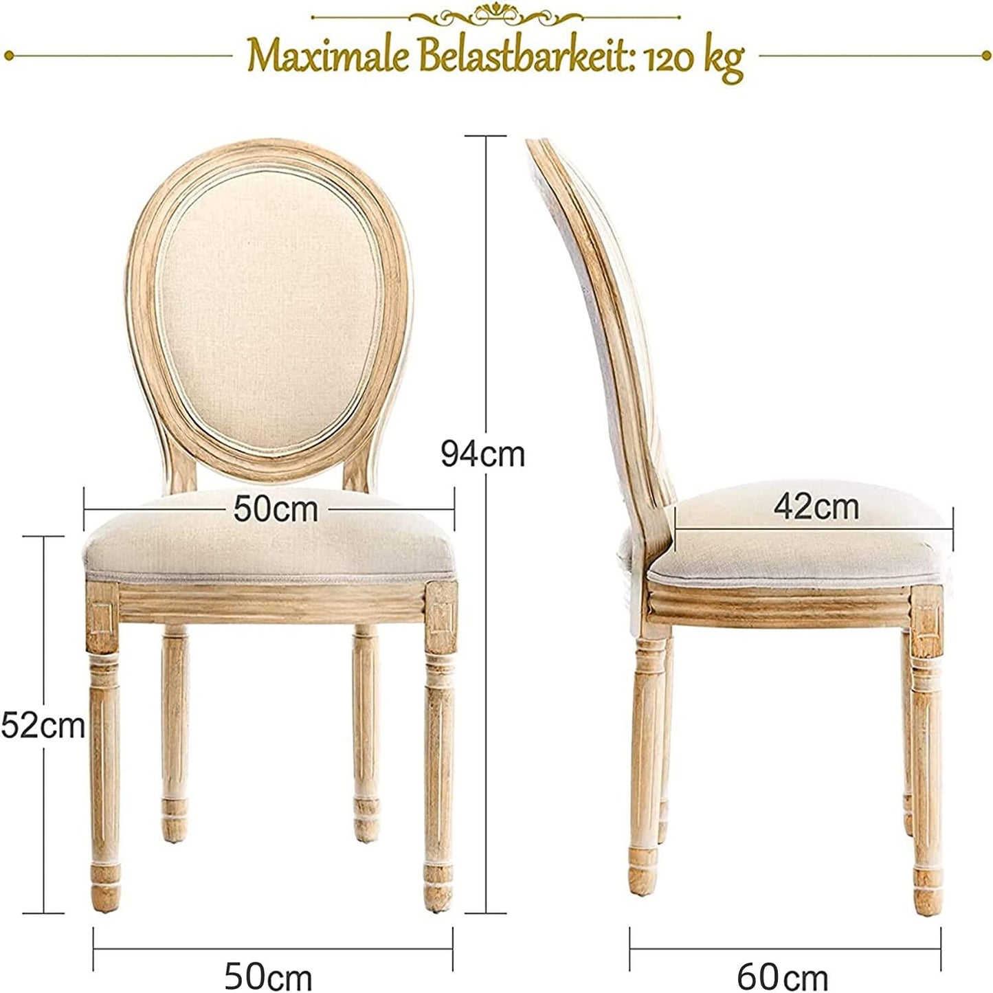 Conjunto de 2 Cadeiras de Jantar HomeMiYN Francesas Barrocas (50x60x94cm - Estofada/Madeira Maciça - BEGE)