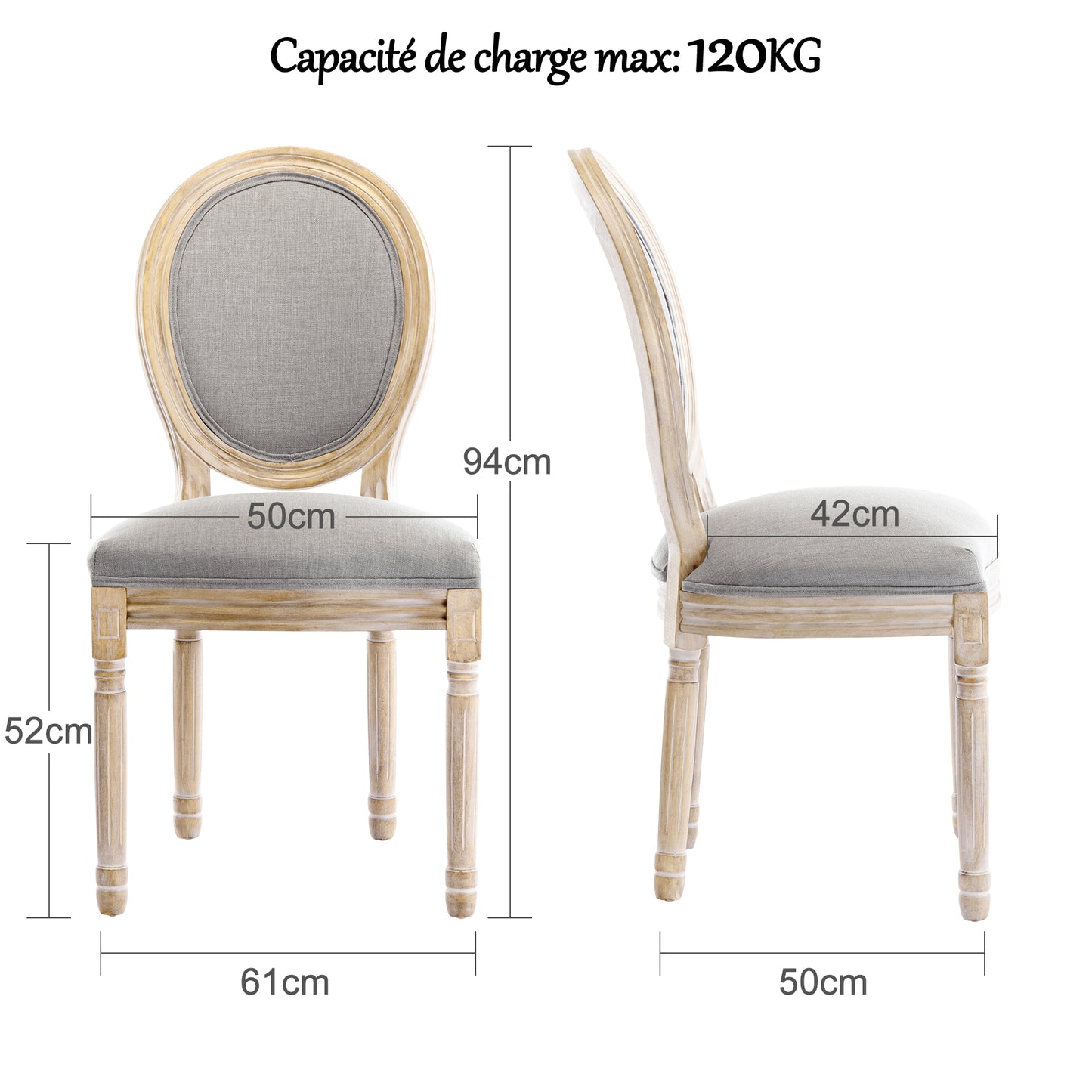 Chaise Médaillon Lot de 2, Chaise de Salle à Manger de Style Louis-XVI en Tissu Lin,Chaises de Dîner Dossier Doux,Gris