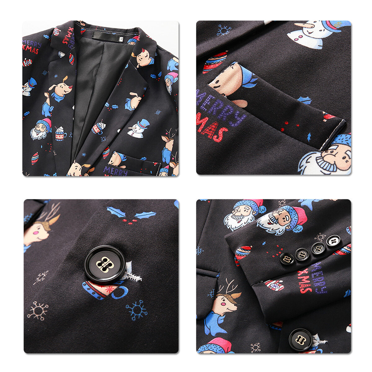 Youthup Mens Christmas Santa Claus Elk Print Slim Fit Suit Blazer