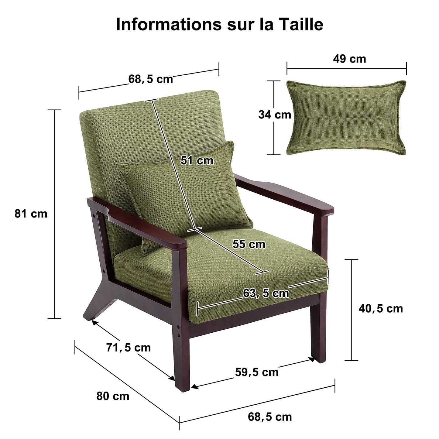 Fauteuil tapisé style vintage Fauteuil en bois Massif de bureau de chambre à coucher, 68.5 x 81 x 80 cm en Tissu de Lin Vert