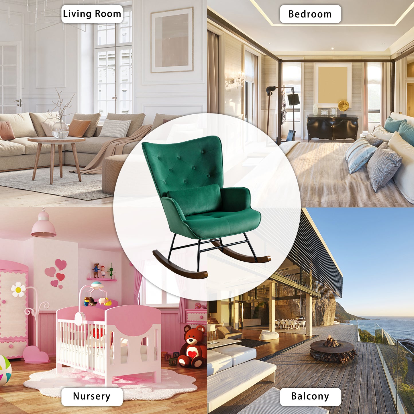Mecedora mecedora de terciopelo con estructura de metal y base de madera silla tapizada para sala de estar sillón retro ocio silla de relajación para dormitorio habitación infantil verde