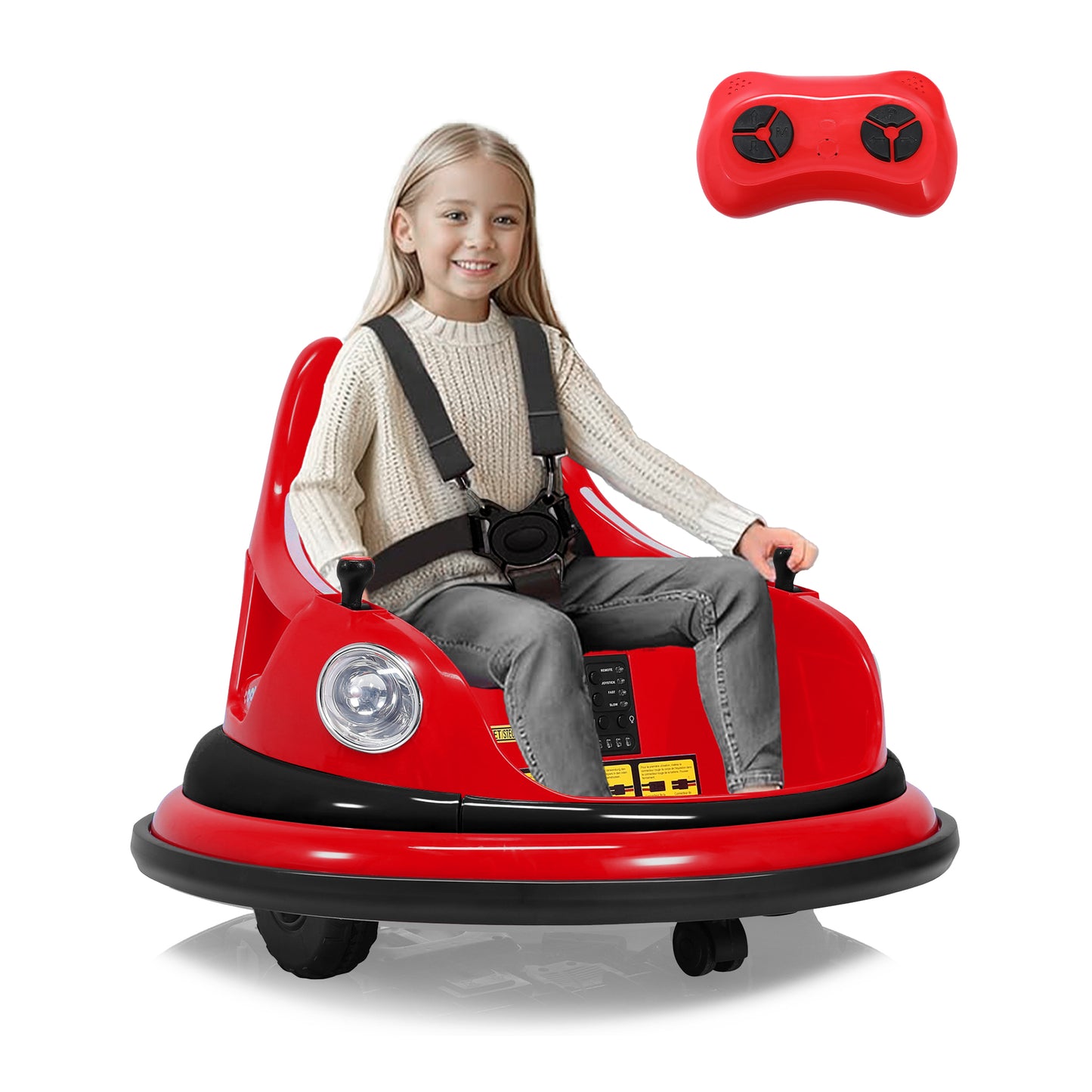 HOMEMIYN Voiture tampon électrique 12V à 2 vitesses, certifiée ASTM, avec télécommande, musique Bluetooth, lumière LED, rotation à 360°, ceinture de sécurité à cinq points, jouets pour enfants pour garçons et filles de 1,5 à 5 ans, Rouge.