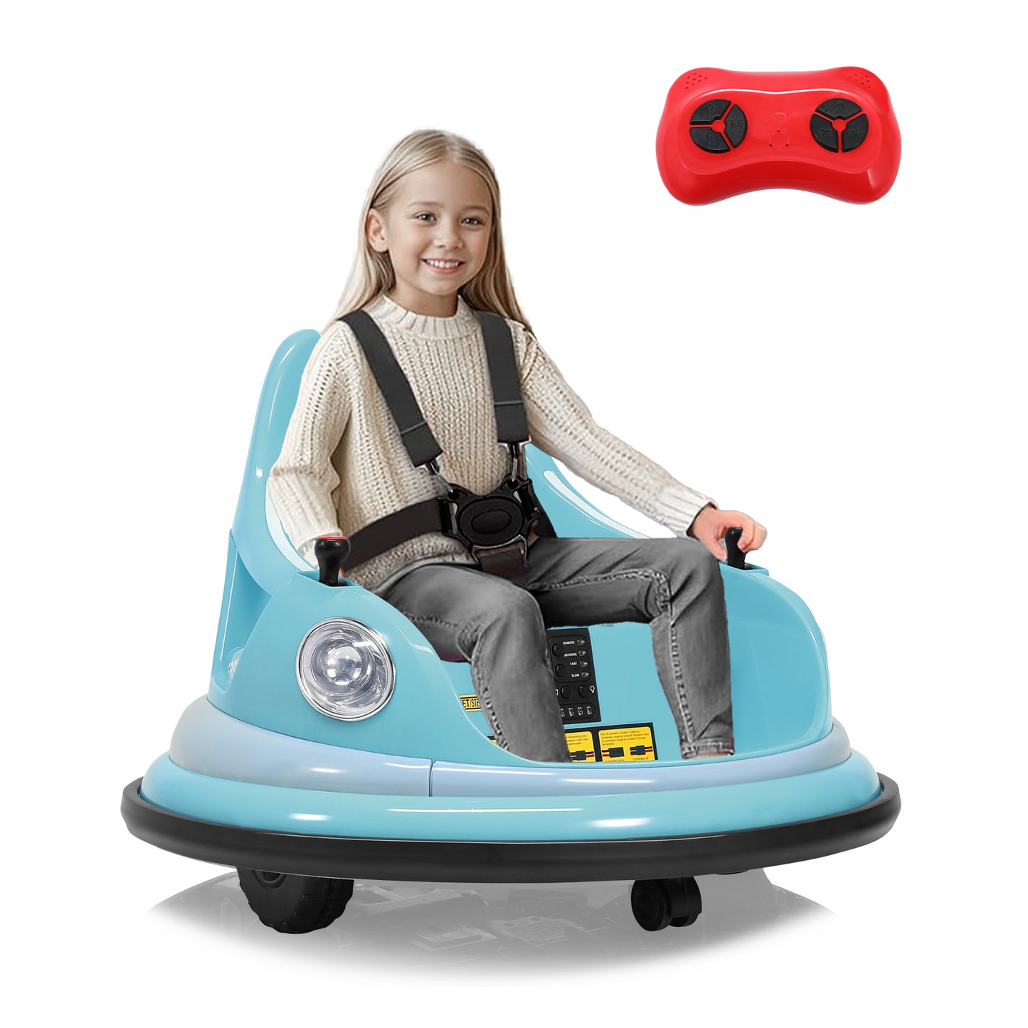 12-V-Elektroroller mit 2 Geschwindigkeiten, ASTM-zertifiziert, mit Fernbedienung, Bluetooth-Musik, LED-Licht, 360°-Drehung, 5-Punkt-Sicherheitsgurt, blau.