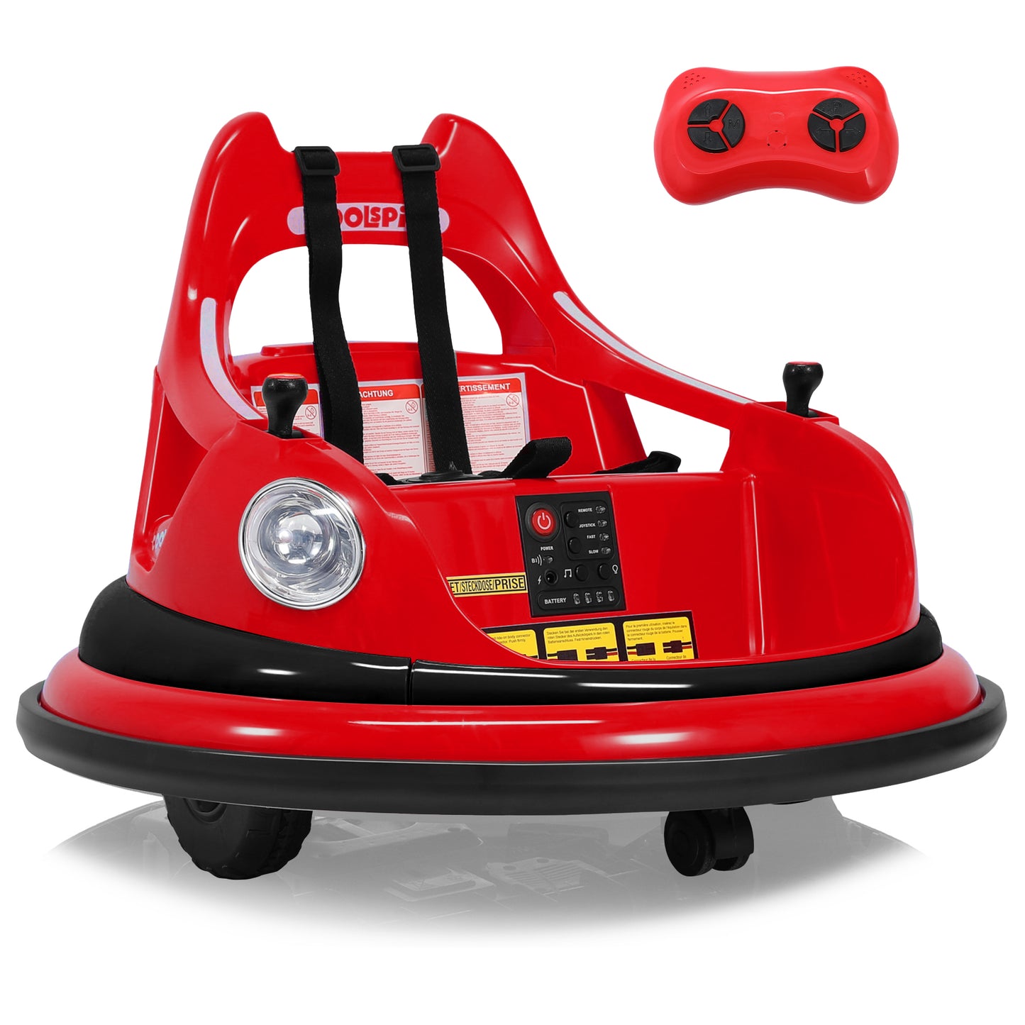 12-V-Elektroroller mit 2 Geschwindigkeiten, ASTM-zertifiziert, Fernbedienung, Bluetooth-Musik, LED-Licht, 360°-Drehung, 5-Punkt-Sicherheitsgurt, rot.