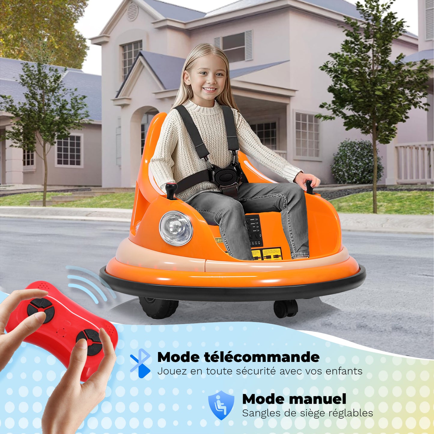 12V 2-Gang Elektroroller, ASTM-zertifiziert, mit Fernbedienung, Bluetooth-Musik, LED-Licht, 360°-Drehung, Fünfpunkt-Sicherheitsgurt, Orange