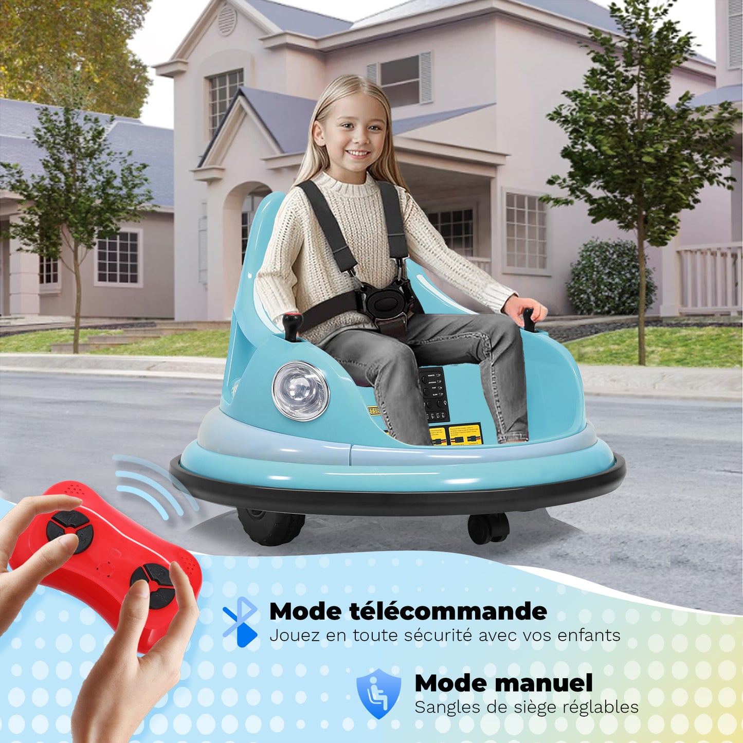 12-V-Elektroroller mit 2 Geschwindigkeiten, ASTM-zertifiziert, mit Fernbedienung, Bluetooth-Musik, LED-Licht, 360°-Drehung, 5-Punkt-Sicherheitsgurt, blau.